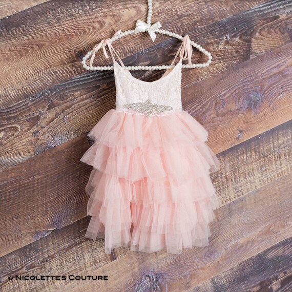 Blush Lace Toddler Dress, Pink Tulle Girl's Dress,