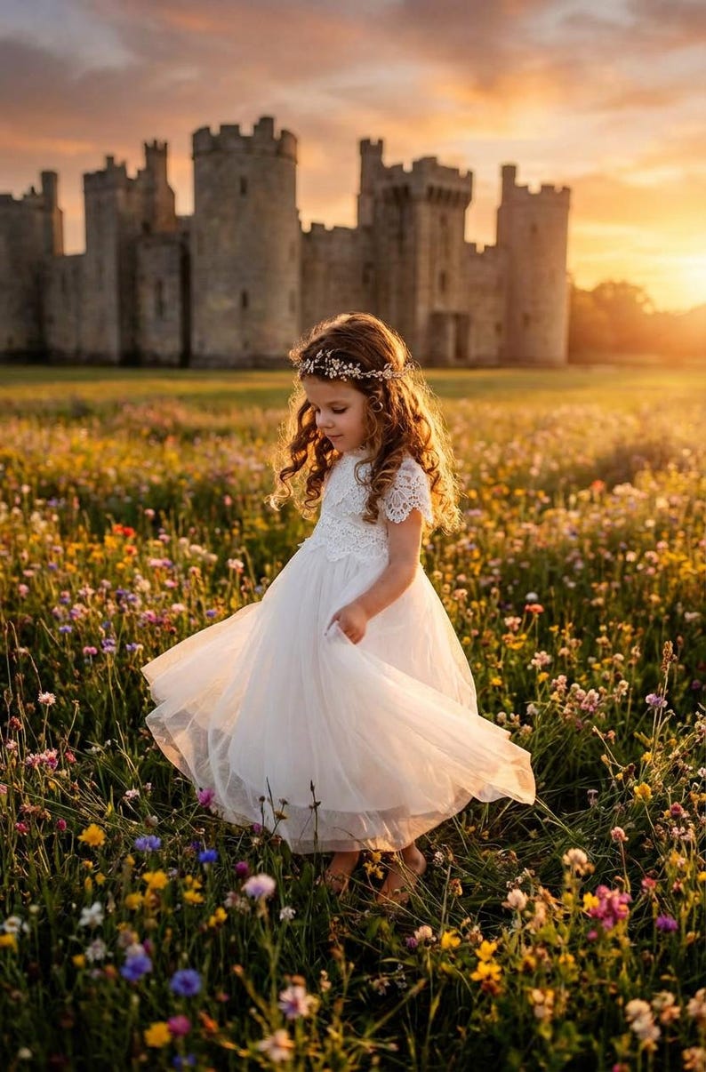 Boho White Sienna Flower Girl Dress, Romantic Lace Tulle Dress for Girls, Bohemian Junior Bridesmaid Dress, Rustic Wedding Outfit image 1
