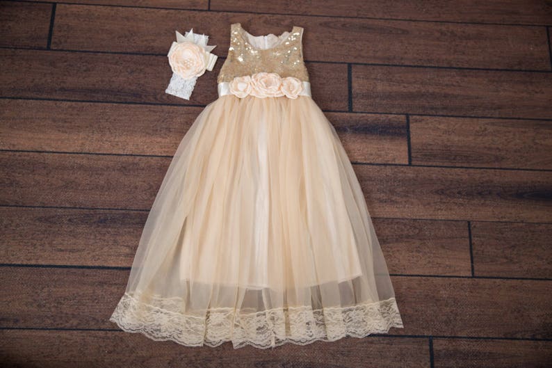 Flower Girl Proposal Boho Chic Beach Ivory Flower Girl Dress Cream Sequin Gown Romantic Bohemian Champagne Tulle Princess Dress