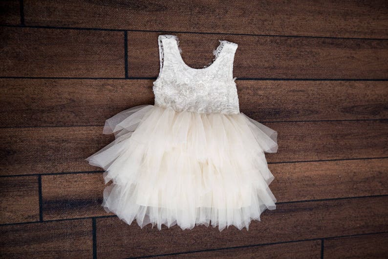 Romantic White Lace Flower Girl Dress, Ivory Tulle Crochet Wedding Gown, Princess Tutu, Boho Chic Beach wedding image 2