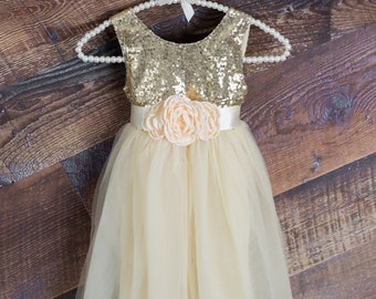 Ivory Boho Flower Girl Dresses, Gold Sequin Floor Length Dresses, Toddler Tulle Dresses