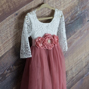 White Lace Flower Girl Dress, Dusty Rose Ball Gown, Mauve Flower Girl Dresses image 4