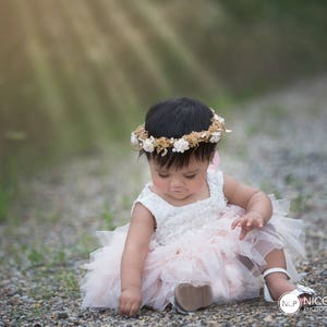 White Lace Flower Girl Dress, Blush Pink Tulle Wedding dress, White Wedding, Tutu Dress, Boho Chic, Couture, Pearl Bead Detail-- Alanna