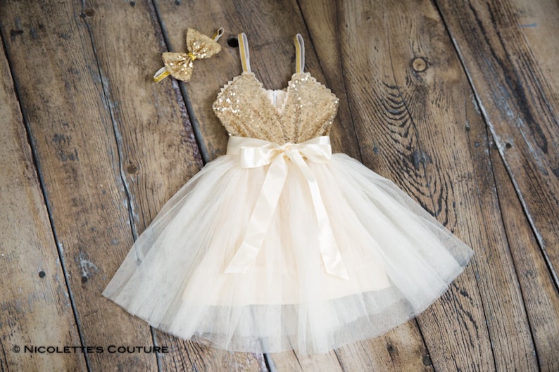 Ivory Tulle Flower Girl Dress Gold Sequin Wedding Dress - Etsy