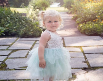 White Lace Flower Girl Dress, Mint Green Toddler Tulle Tutu Dress, Elegant Boho Chic, Couture, Girls Easter Outfit