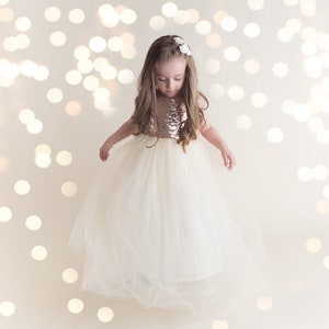 Boho Ivory Flower Girl Dress, Rose Gold Sequin Tulle Wedding Gown, Long Floor Length Ball Gown for Toddlers, Junior Bridesmaid Outfit image 9