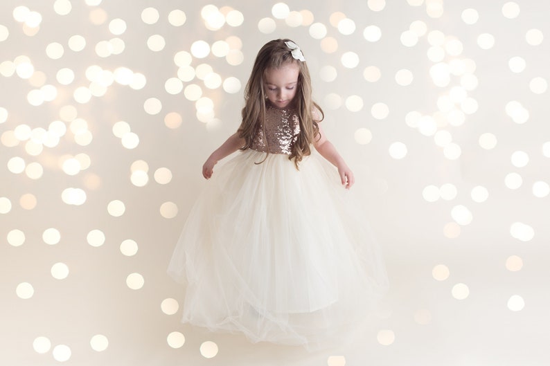 Boho Ivory Flower Girl Dress, Rose Gold Sequin Tulle Wedding Gown, Long Floor Length Ball Gown for Toddlers, Junior Bridesmaid Outfit image 9