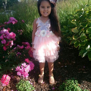 May include: A young girl wearing a pink and gold sequined dress with a tulle skirt and a flower sash. She is wearing a gold bow in her hair and is standing in a garden with pink flowers.
