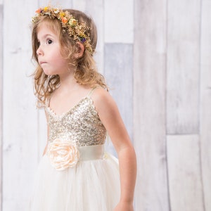 Gold Sequin Birthday Girl Dress, Ivory Tulle Wedding Gown, Flower Girl Proposal Dress. Ava