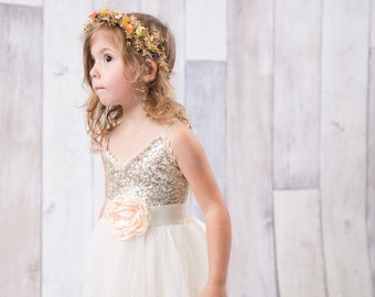 Gold Sequin Birthday Girl Dress, Ivory Tulle Wedding Gown, Flower Girl Proposal Dress. Ava