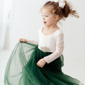 White Lace Flower Girl Dress, Hunter Green Tulle, Long Sleeve Wedding Dress, Floor Length Boho, Infant Flower Girl Dress image 2