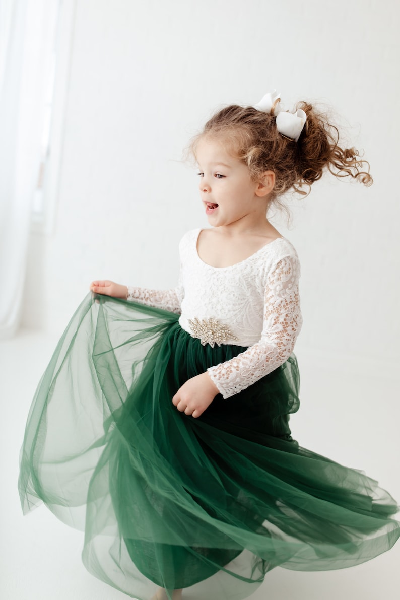 White Lace Flower Girl Dress, Hunter Green Tulle, Long Sleeve Wedding Dress, Floor Length Boho, Infant Flower Girl Dress image 2