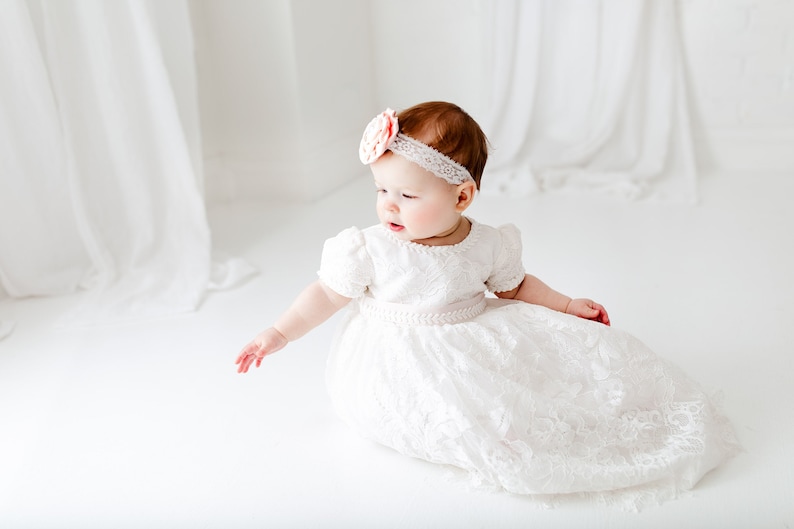 The Eve Dress Baby Girl Baptism Gown, White Lace Christening Dress, Bohemian Blessing Outfit, Infant Ceremony Dress image 1