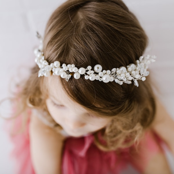 Kelly- Pearl Wedding Headband, Flower Halo, Floral Turban, Toddler Bohemian Bridal Hairpiece