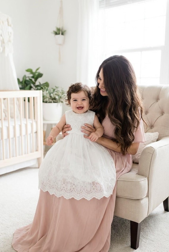 White Lace Baptism Dress Baby Girl, Bohemian Linen Christening Gown, Flower Girl Ceremony Outfit, Newborn Special Occasion Dresses