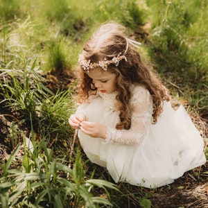 Boho Long Sleeve Flower Girl Dress, Rustic Tulle Wedding Dress, Bohemian Lace Dress, Boho Christening Gown, Baptism Dress