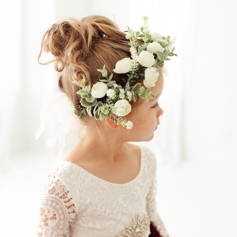 Athena Boho Flower Crown, Ivory Peony Flower Girl Halo, Bohemian Floral Wreath Headpiece for Wedding image 5