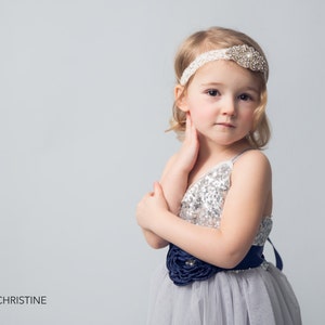 Silver Flower Girl Dress, Gray sequin dress, Gray Tulle, Navy Grey Cream Wedding, Sash Belt set, glitter dress, Flower Girl Proposal image 1