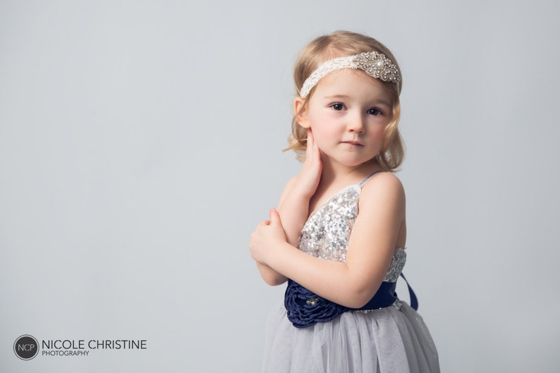 Silver Flower Girl Dress, Gray sequin dress, Gray Tulle, Navy Grey Cream Wedding, Sash Belt set, glitter dress, Flower Girl Proposal image 1