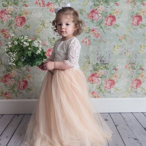 White Lace Flower Girl Dress with Champagne Tulle Tutu Skirt, Two Piece Boho Fairy Wedding Outfit for Girls image 5