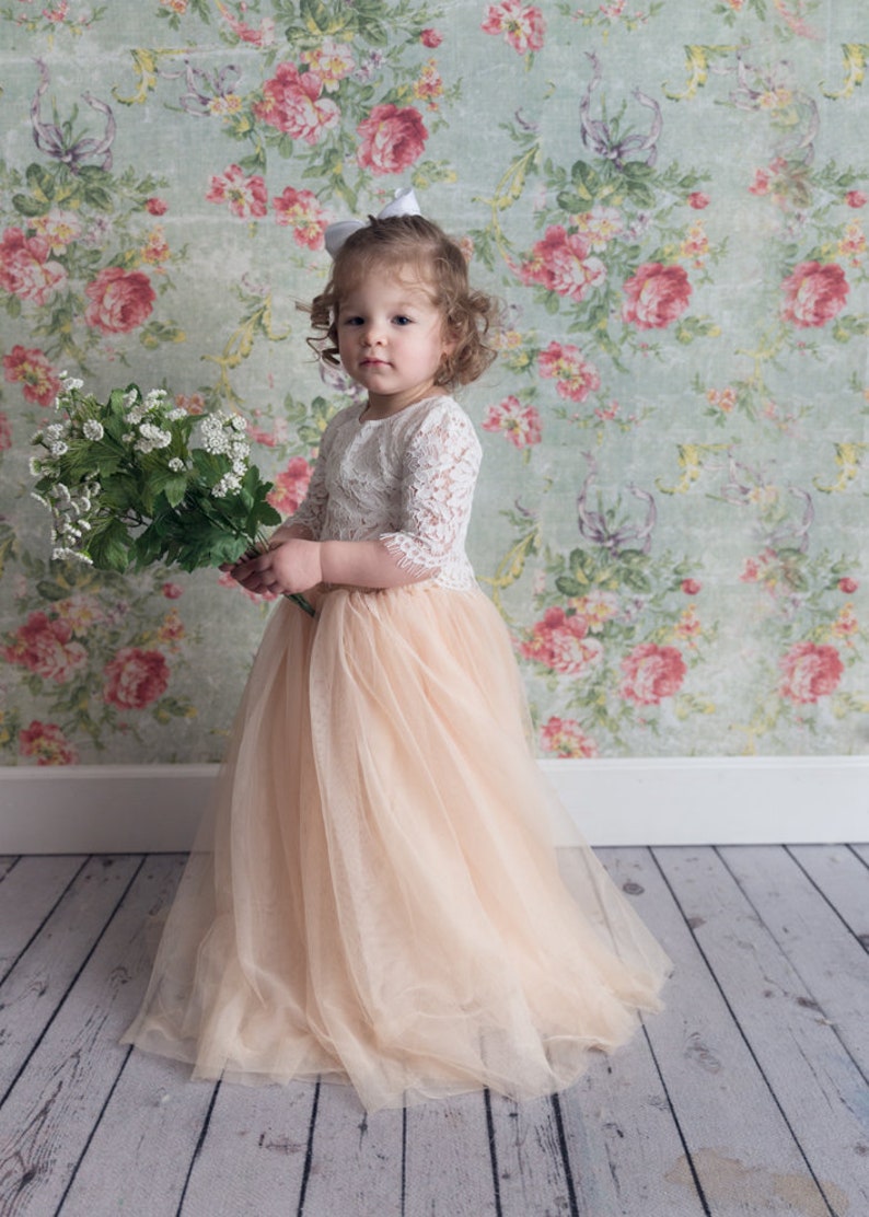 White Lace Flower Girl Dress with Champagne Tulle Tutu Skirt, Two Piece Boho Fairy Wedding Outfit for Girls image 5