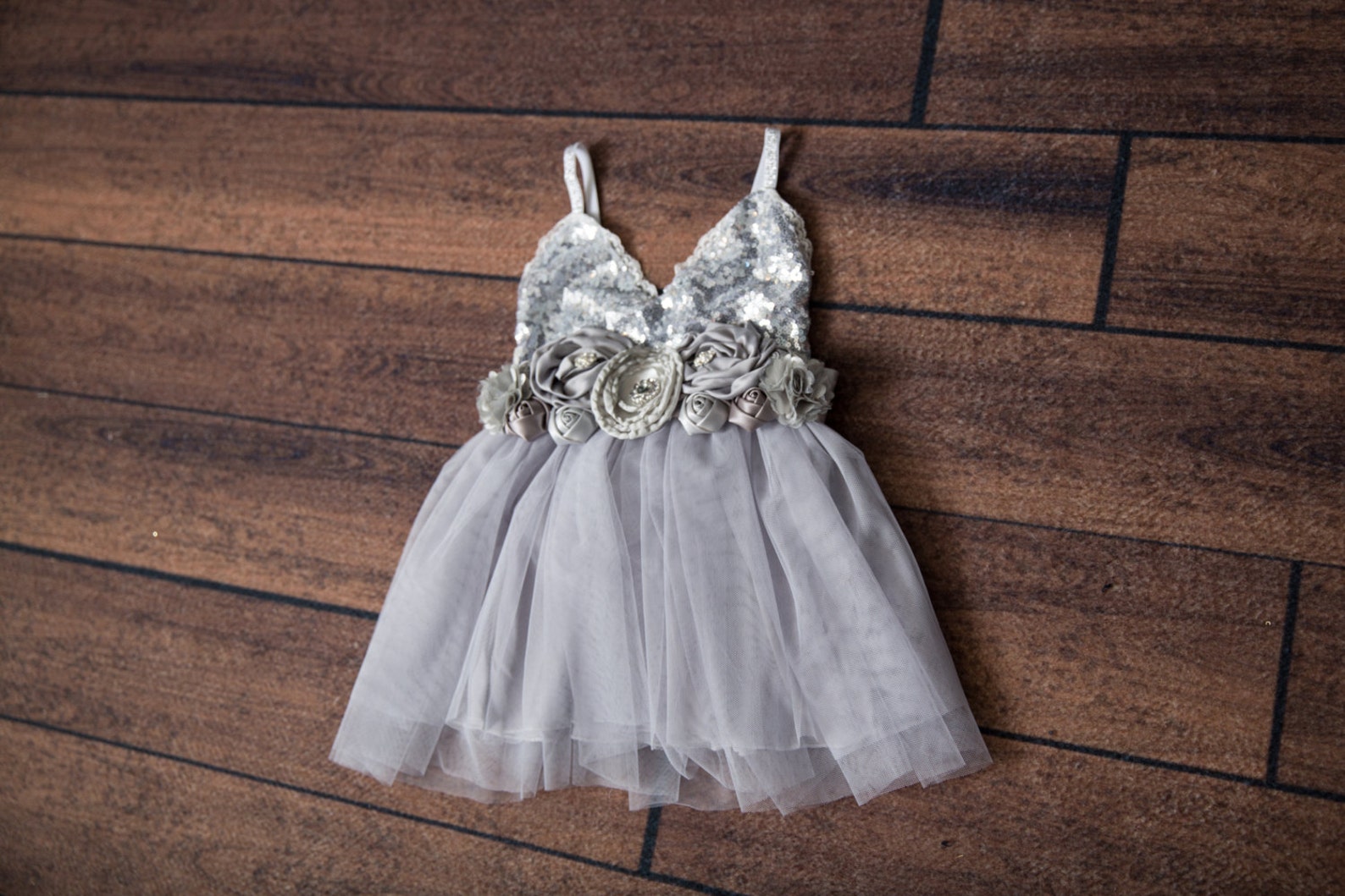 Gray Tulle Flower Girl Dress Silver Sequin Wedding Gown Etsy