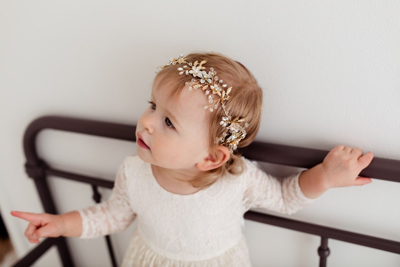 Lavelle Gold Floral Wedding Headband, Flower Girl Halo Crown, Rhinestone Baby Headband, Bohemian Greek Goddess Headpiece image 1