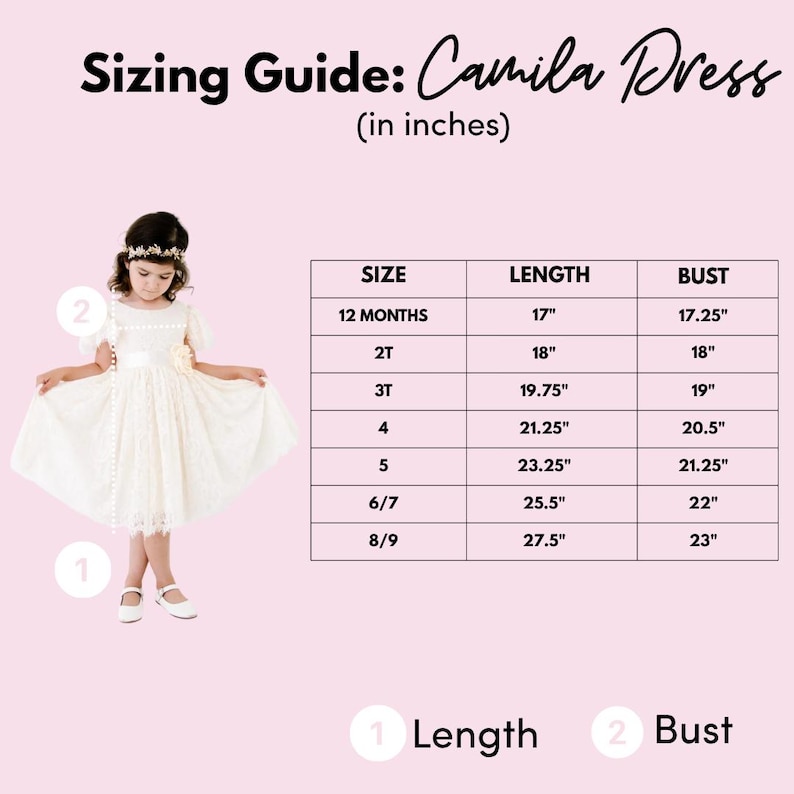 May include: A sizing guide for the Camila Dress featuring a table with measurements in inches for sizes 12 months through 8/9. The chart lists length and bust dimensions, accompanied by a visual of a child wearing a cream-colored lace dress.