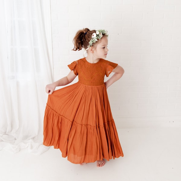 Rust Flower Girl Dress, Burnt Orange Rustic Tulle Wedding Dress, Terracotta Dress, Boho Terra Cotta