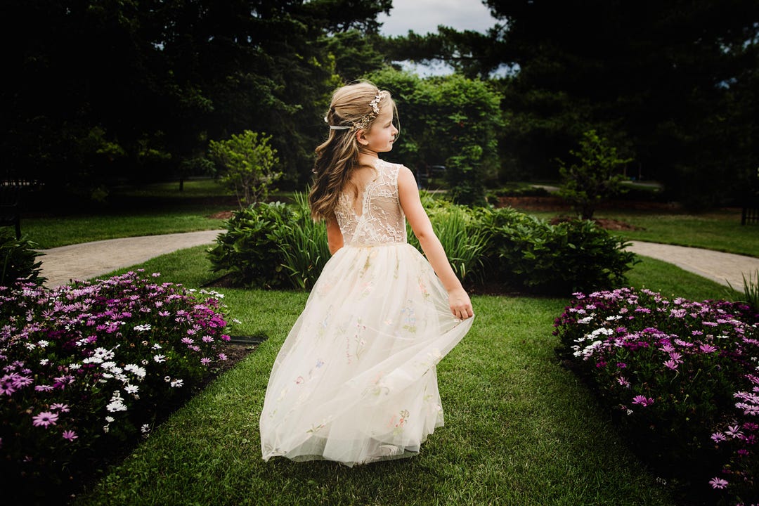 tulle dresses summer floral wedding dresses Champagne Lace Princess Dress, Floral Wedding Dress, Bohemian