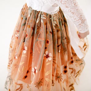 Burnt Orange Floral Embroidery Flower Girl Dress, White Lace Long Sleeve Gown, Rust Floor Length Tulle Dress, Terracotta