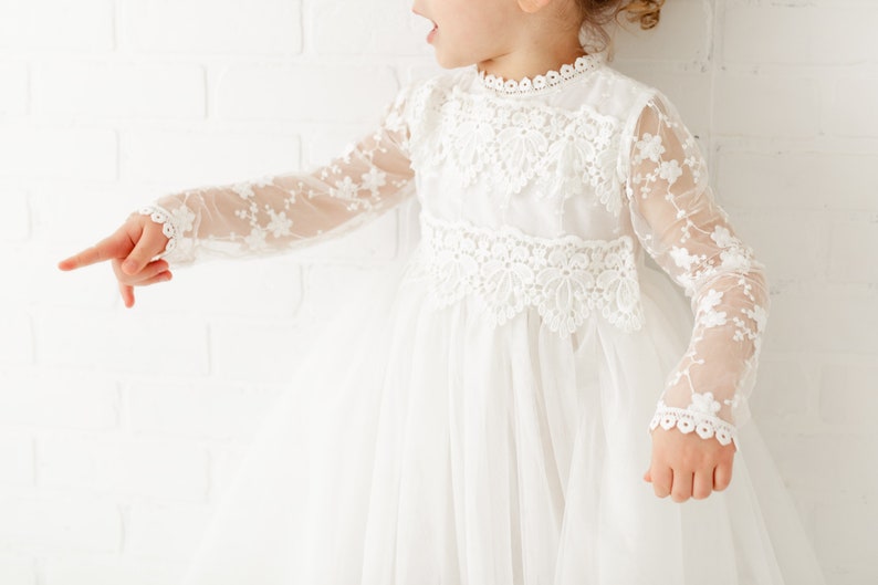 Long Sleeve Lace Flower Girl Dress, Rustic White Tulle Wedding Dress, Bohemian Lace Dress, Boho Christening Gown, Baptism Dress image 9