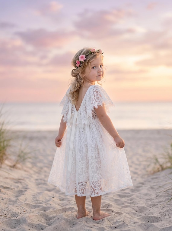Boho White Flower Girl Dress Rustic Lace, Bohemian Wedding Toddler Dresses, Junior Bridesmaid Outfit, Flowers Girls Proposal Gift Boho White Flower Girl Dress Rustic Lace, Bohemian Wedding Toddler Dresses, Junior Bridesmaid Outfit, Flowers Girls Proposal Gift