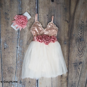 Blush Pink Rose Gold Flower Girl Dress, Infant Toddler sequins gown, Ivory Tulle, Boho Chic Princess Tutu. Ava