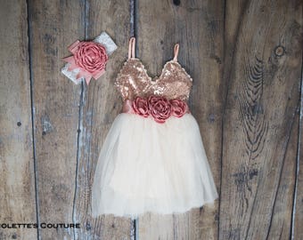 Blush Pink Rose Gold Flower Girl Dress, Infant Toddler sequins gown, Ivory Tulle, Boho Chic Princess Tutu. Ava