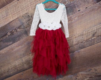 White Lace Flower Girl Dress, Dark Red Tulle Long Sleeve Wedding dress, Tea Length, Pink Wedding, Boho Chic, Couture, Floral Sash, Winter