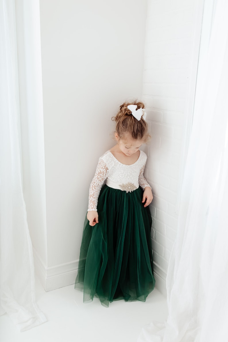 White Lace Flower Girl Dress, Hunter Green Tulle, Long Sleeve Wedding Dress, Floor Length Boho, Infant Flower Girl Dress image 8