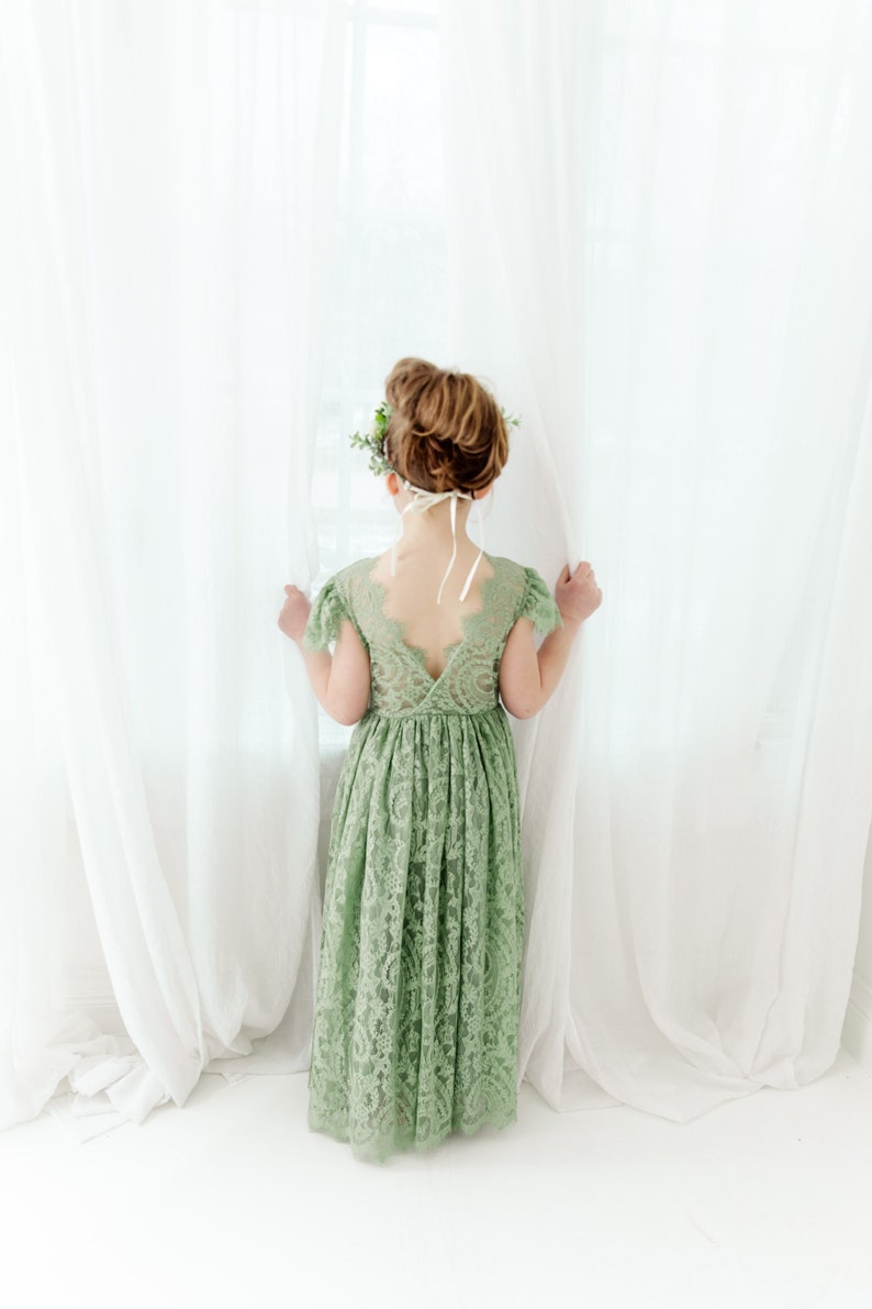 Sage Green Flower Girl Dress, Rustic Bohemian Tulle Wedding Dress, Green Boho Dresses, Teen Lace Dress image 2