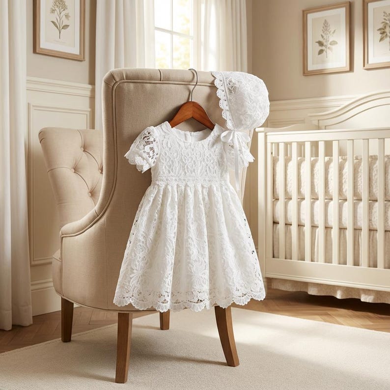 Newborn Lace Christening Gown for Baby Girl, Elegant Baptism Dress, White Blessing Day Outfit, Infant Dedication Ceremony Dress image 4