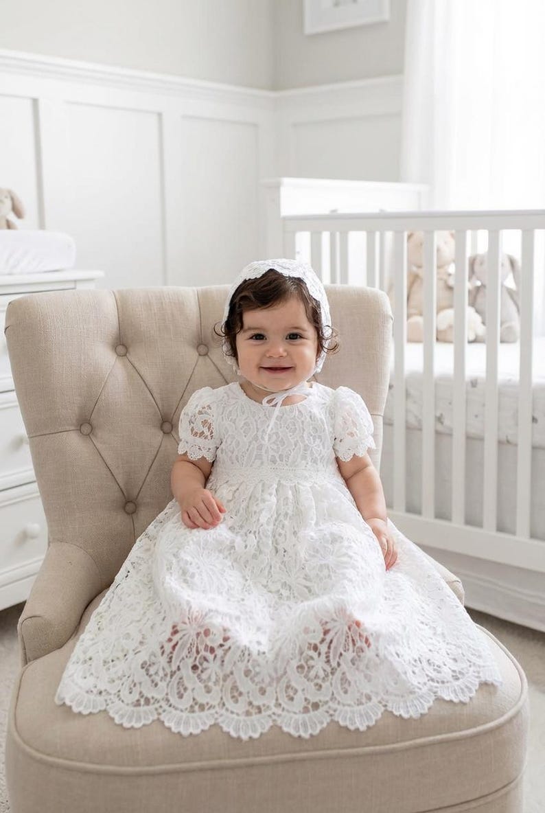 Newborn Lace Christening Gown for Baby Girl, Elegant Baptism Dress, White Blessing Day Outfit, Infant Dedication Ceremony Dress image 1