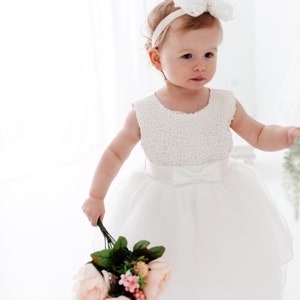 Satin Christening Gown, Newborn Baby Baptism Dress, Tulle Flower Girl Dresses image 3
