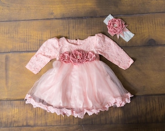 Infant Dress, Pink Newborn Lace Baby Dress, Long Sleeve Newborn Tulle Flower Girl Dress, Boho Chic, 24 months, Baptism Gown, Christening