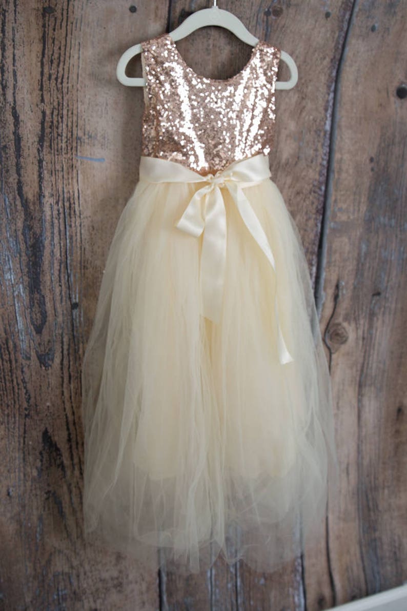 Boho Ivory Flower Girl Dress, Rose Gold Sequin Tulle Wedding Gown, Long Floor Length Ball Gown for Toddlers, Junior Bridesmaid Outfit image 4
