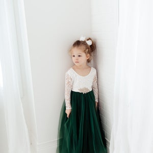 White Lace Flower Girl Dress, Hunter Green Tulle, Long Sleeve Wedding Dress, Floor Length Boho, Infant Flower Girl Dress image 5