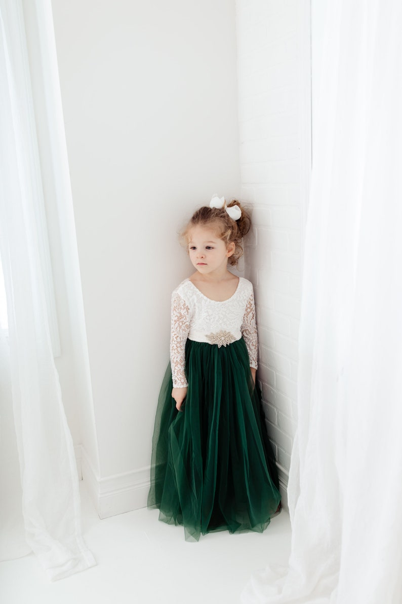 White Lace Flower Girl Dress, Hunter Green Tulle, Long Sleeve Wedding Dress, Floor Length Boho, Infant Flower Girl Dress image 5