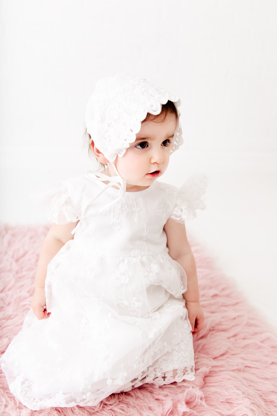 White Lace Christening Gown, Unique Baby Boho Dress, Baby Flower Girl