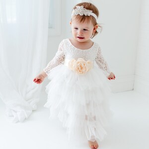 Romantic White Lace Toddler Flower Girl Dress, Boho Long Sleeve Crochet Tulle Wedding Gown for Girls image 6