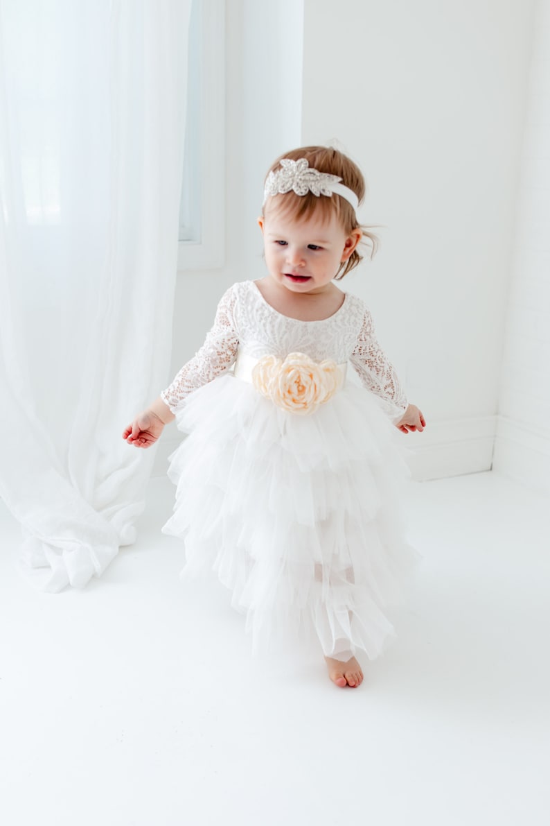 Romantic White Lace Toddler Flower Girl Dress, Boho Long Sleeve Crochet Tulle Wedding Gown for Girls image 6