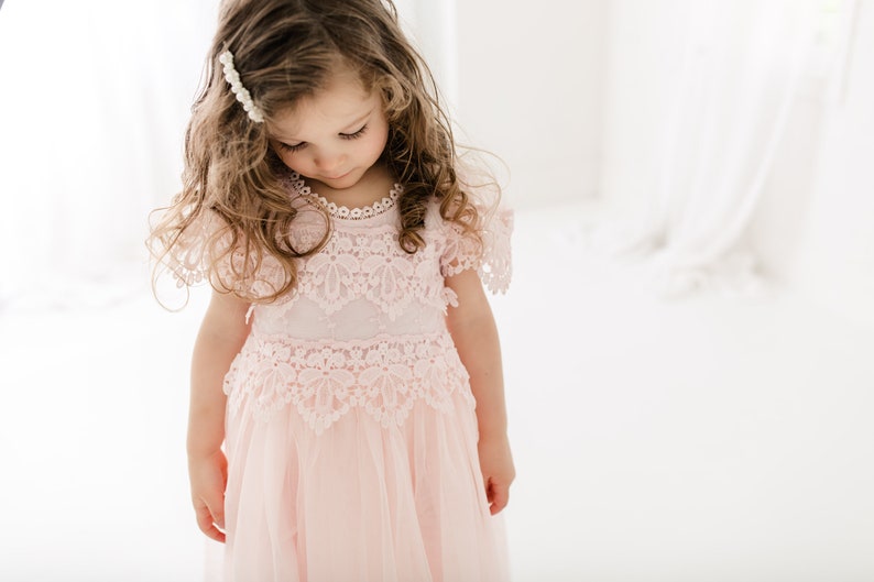 Blush Pink Sienna Dress, Boho Lace Flower Girl Dress for Toddlers, Bohemian Tulle Wedding Gown for Girls image 5