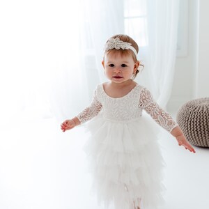 Romantic White Lace Toddler Flower Girl Dress, Boho Long Sleeve Crochet Tulle Wedding Gown for Girls image 8